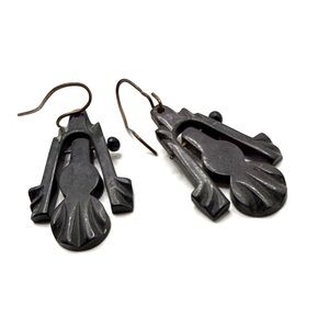 Antique Victoria Carved Black Jet/Bog Oak Dangle Earrings Articulated Drop/Spare